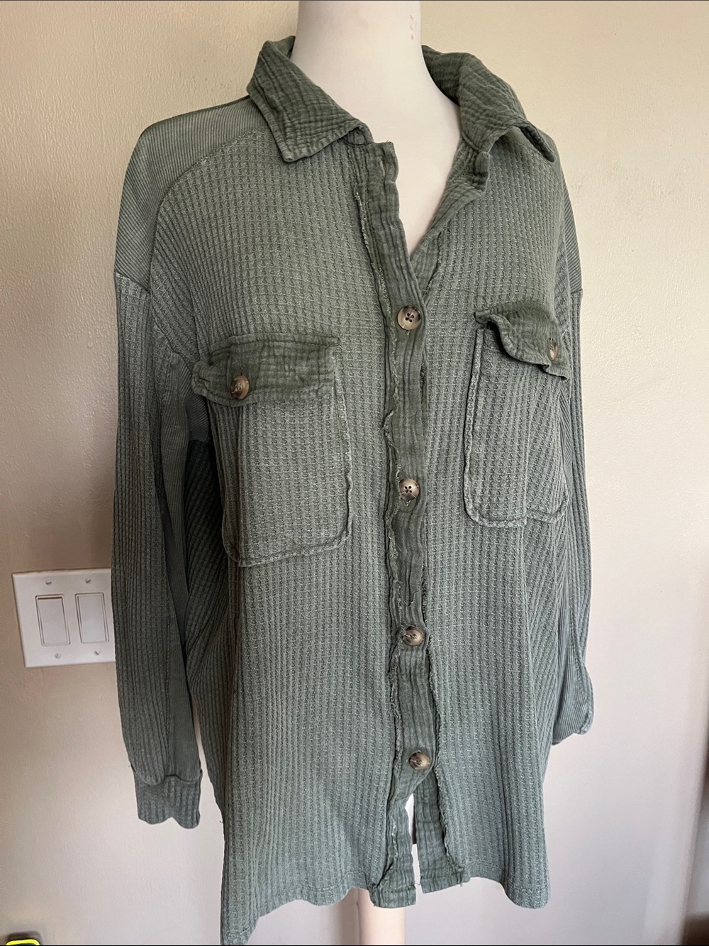 Briggs New York Olive Green Waffle-Knit Button-Down Shirt